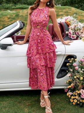 SHEIN Belrosie Layered Cut Out Floral Dress in Hot Pink